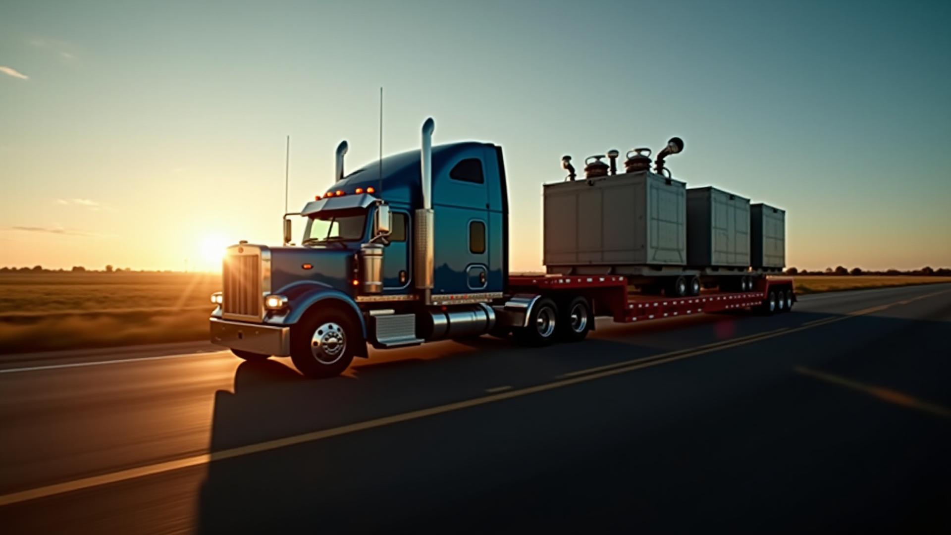 Heavy duty truck hauling a technical transformer through a Michigan highway