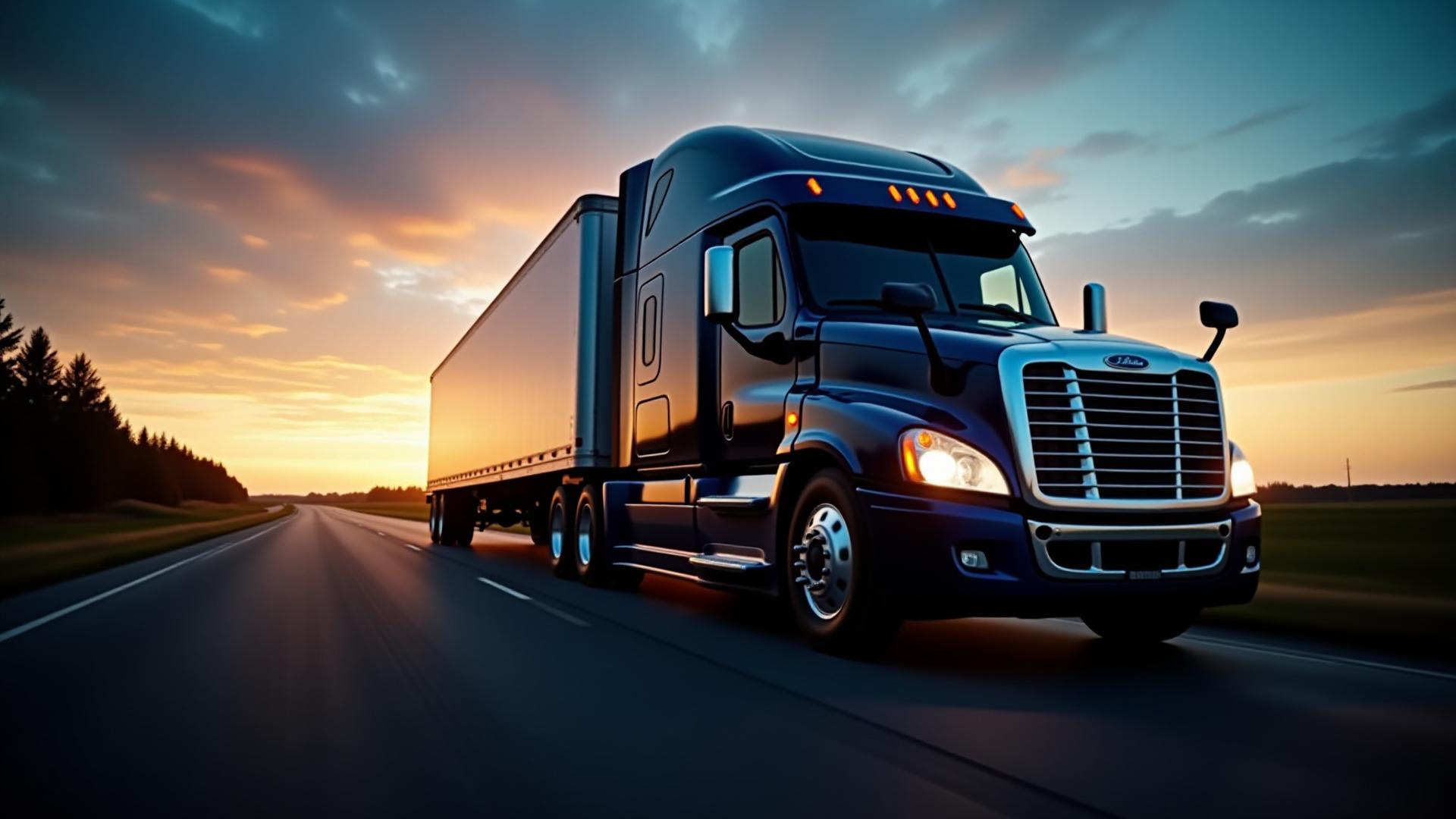 Modern semi-truck driving through Michigan highway at dusk