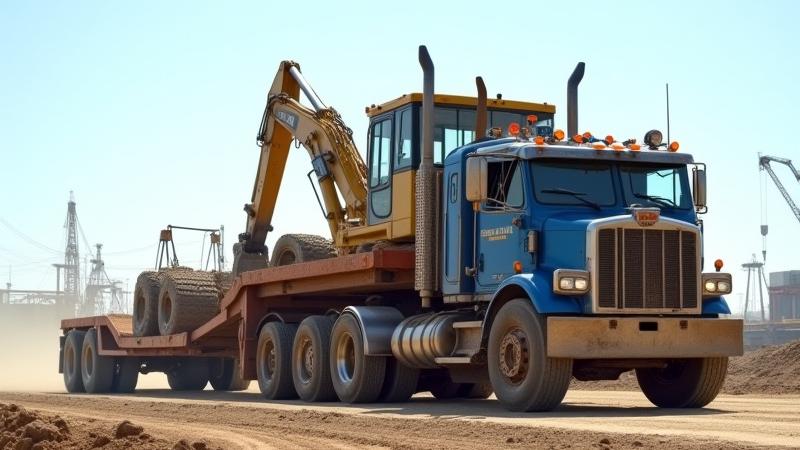 All Star Pro truck hauling heavy excavator parts at a Michigan construction site