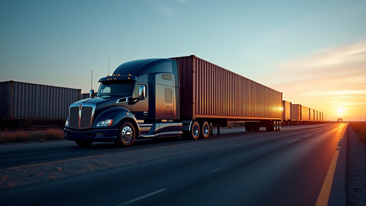 Intermodal container being transferred to a semi-truck chassis at a rail terminal